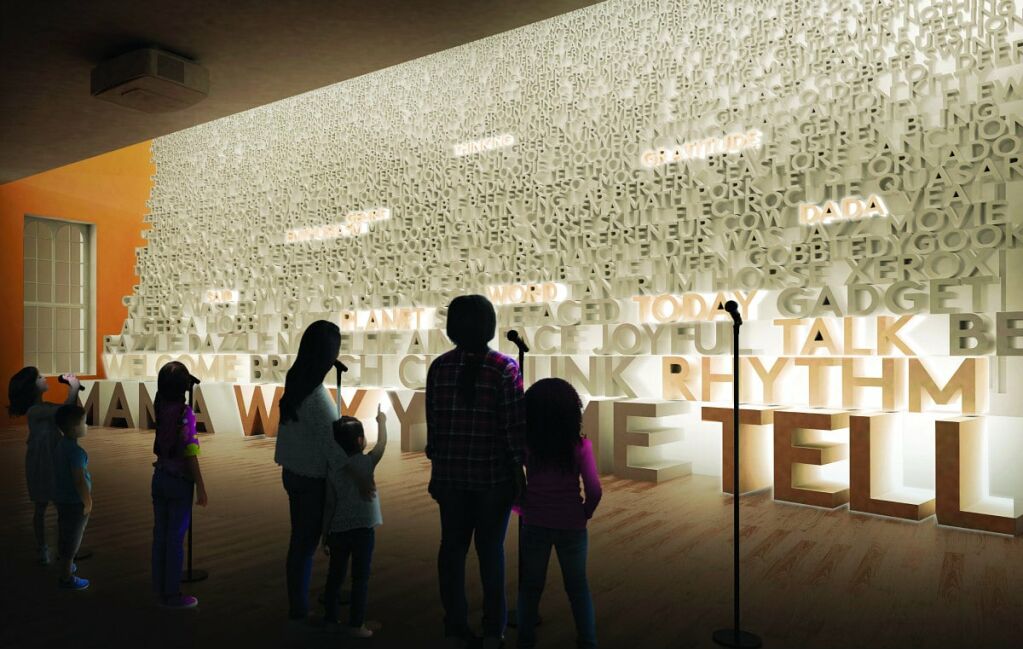 People of all ages standing in front of 10 ft Word Wall gallery