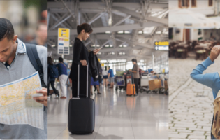 Three sets of people traveling through an airport